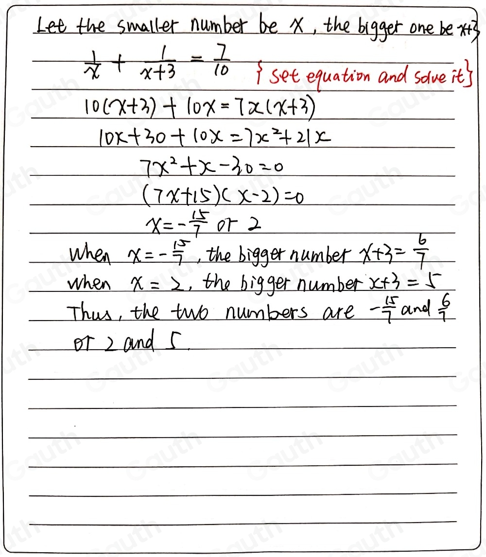 Solved: Two numbers differ by 3 the sum of their reciprocals is 7/10 ...