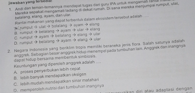 jawaban yang tersedia!
1. Andi dan teman-temannya mendapat tugas dari guru IPA untuk mengamati rantal III
Mereka sepakat mengamati ladang di dekat rumah. Di sana mereka menjumpai rumput, ulat,
belalang, elang, ayam, dan ular.
Rantai makanan yang dapat terbentuk dalam ekosistem tersebut adalah ...
A. rumput → ulat → belalang → ayam → elang
B. rumput → belalang → ayam → ular →elang
C. rumput → ayam → belalang elang → ular
D. rumput → belalang → ayam elang →ular
2. Negara Indonesia yang beriklim tropis memiliki beraneka jenis flora. Salah satunya adalah
anggrek. Sebagian besar anggrek hidup menempel pada tumbuhan lain. Anggrek dan inangnya
dapat hidup bersama membentuk simbiosis.
Keuntungan yang diperoleh anggrek adalah ....
A. proses penyerbukan lebih cepat
B. lebih banyak mendapatkan oksigen
C. lebih mudah mendapatkan sinar matahari
D. memperoleh nutrisi dari tumbuhan inangnya
aruaikan diri atau adaptasi dengan