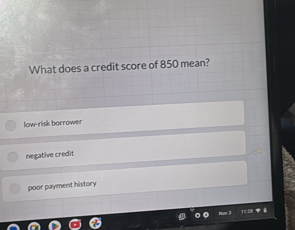 What does a credit score of 850 mean?
low-risk borrower
negative credit
poor payment history
Nov 11:28