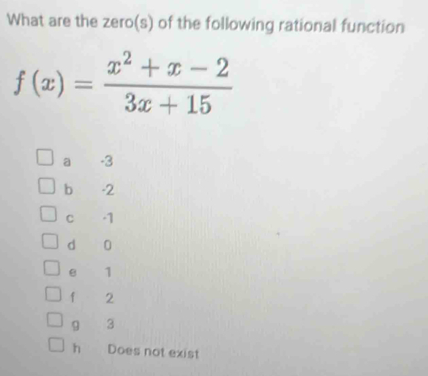 What are the zero(s) of the following rational function
f(x)= (x^2+x-2)/3x+15 
a -3
b -2
C -1
dì 0
1
f 2
gǔ 3
h Does not exist