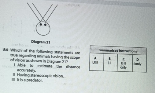 C939A9
Diagram 21
84 Which of the following statements are
true regarding animals having the scope
of vision as shown in Diagram 21?
I Able to estimate the distance
accurately.
ll Having stereoscopic vision.
III It is a predator.