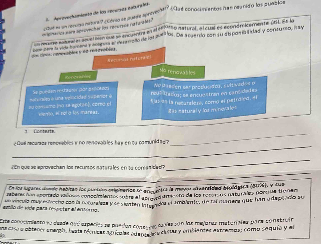 Aprovechamiento de los recursos naturales.
¿Qué es un recurso natural? ¿Cómo se puede aprovechal? ¿Qué conocimientos han reunido los pueblos
originarios para aprovechar los recursos naturales?
Un recurso natural es aquel bien que se encuentra en el entorno natural, el cual es económicamente útil. Es la
base para la vida humana y asegura el desarrollo de los pueblos. De acuerdo con su disponibilidad y consumo, hay
dos tipos: renovables y no renovables.
Recursos naturales
No renovables
Renovables
Se pueden restaurar por procesos No pueden ser producidos, cultivados o
naturales a una velocidad superior a reutilizados; se encuentran en cantidades
su consumo (no se agotan), como el fijas en la naturaleza, como el petróleo, el
viento, el sol o las mareas.
gas natural y los minerales
1. Contesta.
_
¿Qué recursos renovables y no renovables hay en tu comunidad?
_
_
¿En que se aprovechan los recursos naturales en tu comunidad?
_
_
En los lugares donde habitan los pueblos originarios se encuentra la mayor diversidad biológica (80%), y sus
saberes han aportado valiosos conocimientos sobre el aprovechamiento de los recursos naturales porque tienen
un vínculo muy estrecho con la naturaleza y se sienten integrados al ambiente, de tal manera que han adaptado su
estilo de vida para respetar el entorno.
Este conocimiento va desde qué especies se pueden consumir, cuales son los mejores materiales para construir
una casa u obtener energía, hasta técnicas agrícolas adaptadas a climas y ambientes extremos; como sequía y el
io.