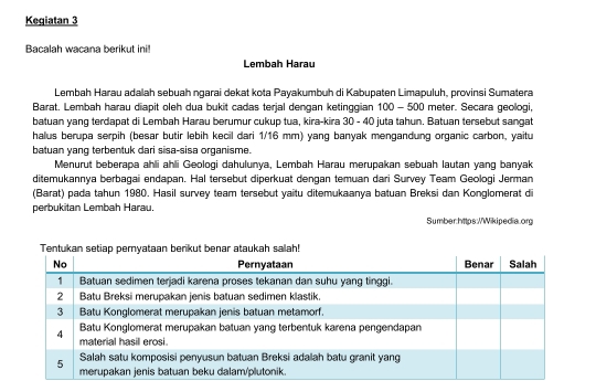 Kegiatan 3 
Bacalah wacana berikut inil 
Lembah Harau 
Lembah Harau adalah sebuah ngarai dekat kota Payakumbuh di Kabupaten Limapuluh, provinsi Sumatera 
Barat. Lembah harau diapit oleh dua bukit cadas terjal dengan ketinggian 100 - 500 meter. Secara geologi, 
batuan yang terdapat di Lembah Harau berumur cukup tua, kira-kira 30 - 40 juta tahun. Batuan tersebut sangat 
halus berupa serpih (besar butir lebih kecil dari 1/16 mm) yang banyak mengandung organic carbon, yaitu 
batuan yang terbentuk dari sisa-sisa organisme. 
Menurut beberapa ahli ahli Geologi dahulunya, Lembah Harau merupakan sebuah lautan yang banyak 
ditemukannya berbagaii endapan. Hal tersebut diperkuat dengan temuan dari Survey Team Geologi Jerman 
(Barat) pada tahun 1980. Hasil survey team tersebut yaitu ditemukaanya batuan Breksi dan Konglomerat di 
perbukitan Lembah Harau. 
Sumber:https:WWikipedia.org