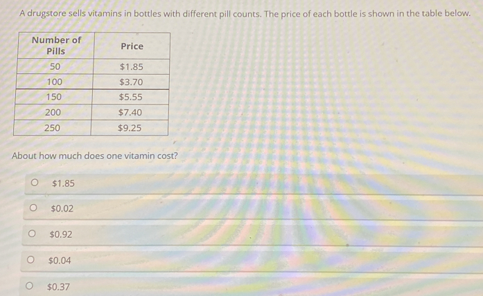 A drugstore sells vitamins in bottles with different pill counts. The price of each bottle is shown in the table below.
About how much does one vitamin cost?
$1.85
$0.02
$0.92
$0.04
$0.37