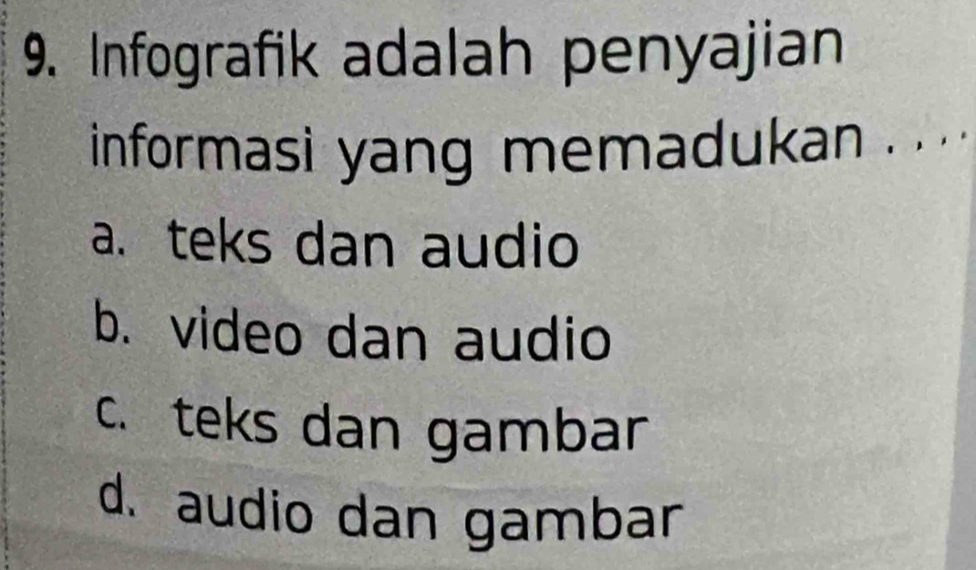 Infografik adalah penyajian
informasi yang memadukan . . ..
a. teks dan audio
b. video dan audio
c. teks dan gambar
d. audio dan gambar