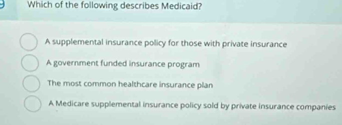 Which of the following describes Medicaid?
A supplemental insurance policy for those with private insurance
A government funded insurance program
The most common healthcare insurance plan
A Medicare supplemental insurance policy sold by private insurance companies