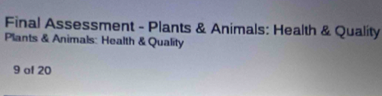 Final Assessment - Plants & Animals: Health & Quality 
Plants & Animals: Health & Quality 
9 of 20