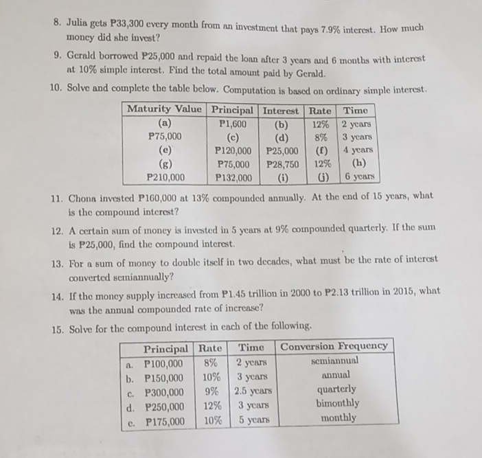 Julia gets P33,300 every month from an investment that pays 7.9% interest. How much 
money did she invest? 
9. Gerald borrowed P25,000 and repaid the loan after 3 years and 6 months with interest 
at 10% simple interest. Find the total amount paid by Gerald. 
10. Solve and complete the table below. Computation is based on ordinary simple interest. 
11. Chona invested P160,000 at 13% compounded annually. At the end of 15 years, what 
is the compound interest? 
12. A certain sum of money is invested in 5 years at 9% compounded quarterly. If the sum 
is P25,000, find the compound interest. 
13. For a sum of money to double itself in two decades, what must be the rate of interest 
converted semiannually? 
14. If the money supply increased from P1.45 trillion in 2000 to P2.13 trillion in 2015, what 
was the annual compounded rate of increase? 
15. Solve for the compound intcrest in each of the following.