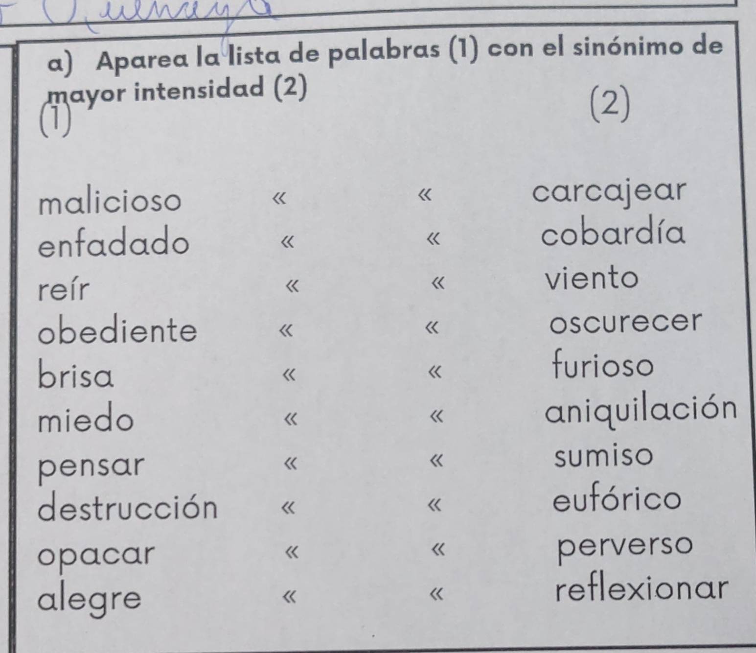 Aparea la lista de palabras (1) con el sinónimo de
mayor intensidad (2)
(1)
(2)
malicioso carcajear
enfadado cobardía
reír
viento
obediente oscurecer
brisa
furioso
miedo aniquilación
pensar
sumiso
destrucción
eufórico
opacar perverso
alegre
reflexionar