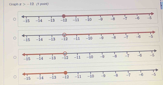 Graph x>-12. (1 point)
-15 -14 -13 -12 -11 -10 -9 -8 -7 -6 -5