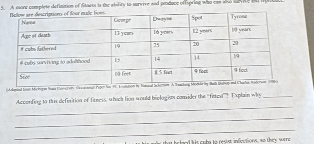 A more complete definition of fitness is the ability to survive and produce offspring who can also survive and reprou 
(Adapted from Michigan State Universty, Occasiona 
_ 
According to this definition of fitness. which lion would biologists consider the “fittest”? Explain why._ 
_ 
_ 
th p ed his cubs to resist infections, so they were