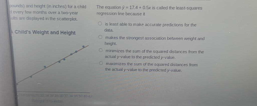 pounds) and height (in inches) for a child The equation hat y=17.4+0.5x is called the least-squares
d every few months over a two-year regression line because it
ults are displayed in the scatterplot.
is least able to make accurate predictions for the
Child's Weight and Height
data.
makes the strongest association between weight and
height.
minimizes the sum of the squared distances from the
actual y -value to the predicted y -value.
maximizes the sum of the squared distances from
the actual y -value to the predicted y -value.
1 48 820 22.24 28 28 30 32 34 36 30 40 42
igt (Piciaracis)