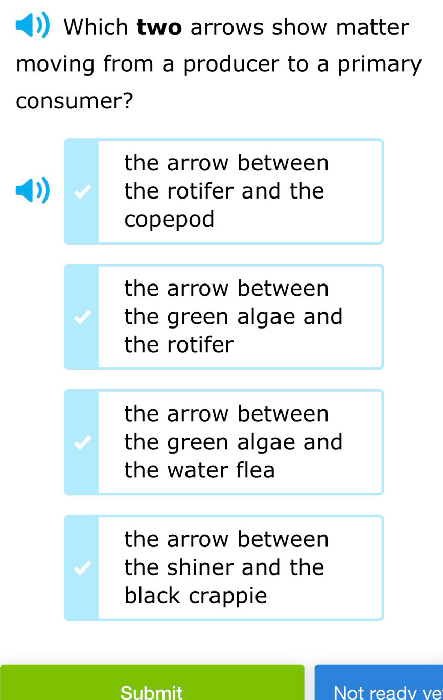 Which two arrows show matter
moving from a producer to a primary
consumer?
the arrow between
the rotifer and the
copepod
the arrow between
the green algae and
the rotifer
the arrow between
the green algae and
the water flea
the arrow between
the shiner and the
black crappie
Submit Not readv ve