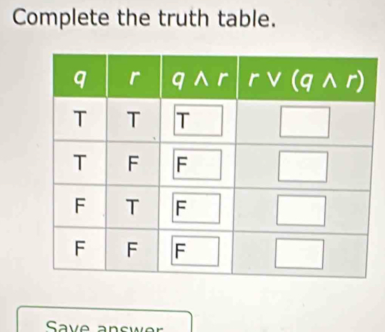 Complete the truth table.
Save answ