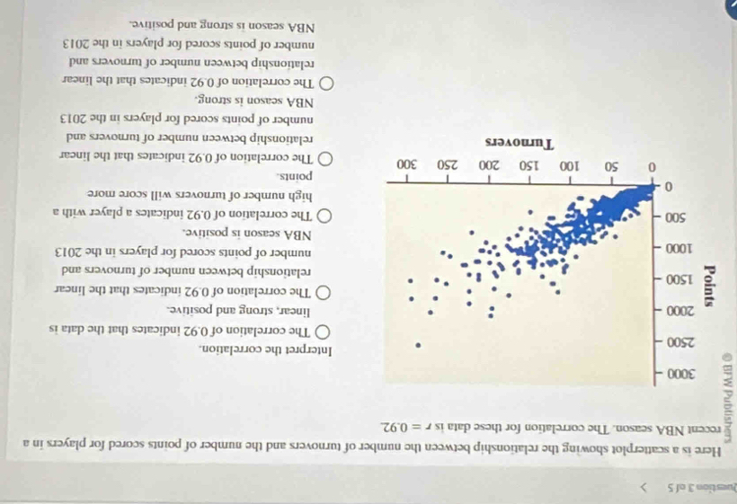 Here is a scatterplot showing the relationship between the number of turnovers and the number of points scored for players in a
recent NBA season. The correlation for these data is r=0.92. 
Interpret the correlation.
The correlation of 0.92 indicates that the data is
linear, strong and positive.
The correlation of 0.92 indicates that the linear
relationship between number of turnovers and
number of points scored for players in the 2013
NBA season is positive.
The correlation of 0.92 indicates a player with a
high number of turnovers will score more
points.
The correlation of 0.92 indicates that the linear
relationship between number of turnovers and
number of points scored for players in the 2013
NBA season is strong.
The correlation of 0.92 indicates that the linear
relationship between number of turnovers and
number of points scored for players in the 2013
NBA season is strong and positive.