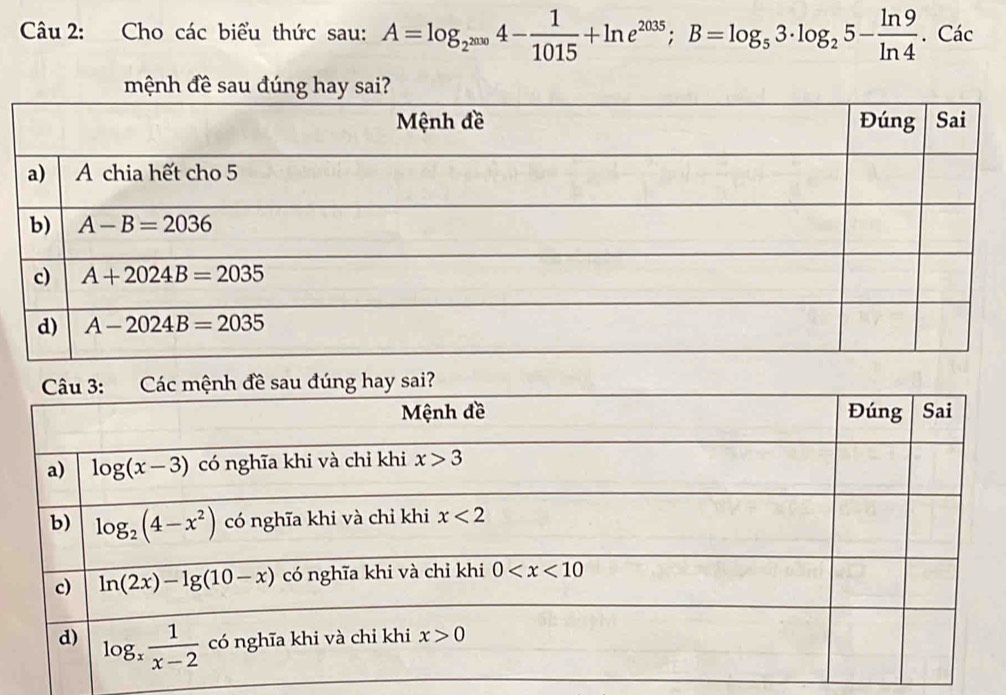 Cho các biểu thức sau: A=log _2^(2000)4- 1/1015 +ln e^(2035);B=log _53· log _25- ln 9/ln 4 . Các
mệ