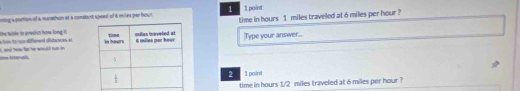 ning a portion of a marathon at a constant speed of 6 miles per hour.  1 point
time in hours 1 miles traveled at 6 miles per hour ?
the table to predict how long it . 
e him to run different distances at 
i, and ho far he would run in |Type your answer...
Ième Intervails
2
1 point
time in hours 1/2 miles traveled at 6 miles per hour ?