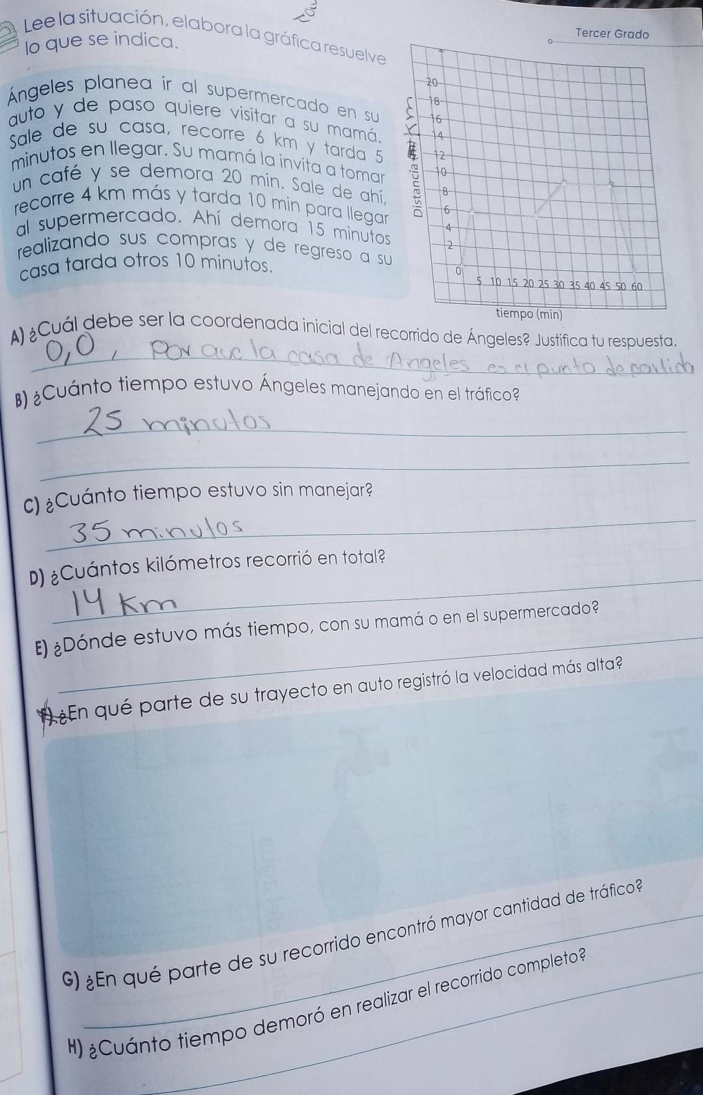 Tercer Grado 
Lee la situación, elabora la gráfica resuelve 
lo que se indica. 
Ángeles planea ir al supermercado en su 
auto y de paso quiere visitar a su mamá. 
Sale de su casa, recorre 6 km y tarda 5
minutos en llegar. Su mamá la invita a toma 
un café y se demora 20 min. Sale de ahí, 
recorre 4 km más y tarda 10 min para llegar 
al supermercado. Ahí demora 15 minutos
realizando sus compras y de regreso a su 
casa tarda otros 10 minutos. 
_ 
A) ¿Cuál debe ser la coordenada inicial del recorrido de Ángeles? Justifica tu respuesta. 
B )Cuánto tiempo estuvo Ángeles manejando en el tráfico 
_ 
_ 
_ 
c) Cuánto tiempo estuvo sin manejar? 
_ 
D) Cuántos kilómetros recorrió en total? 
_ 
E) ¿Dónde estuvo más tiempo, con su mamá o en el supermercado? 
En qué parte de su trayecto en auto registró la velocidad más alta? 
G) ¿En qué parte de su recorrido encontró mayor cantidad de tráfico» 
H) ¿Cuánto tiempo demoró en realizar el recorrido completos