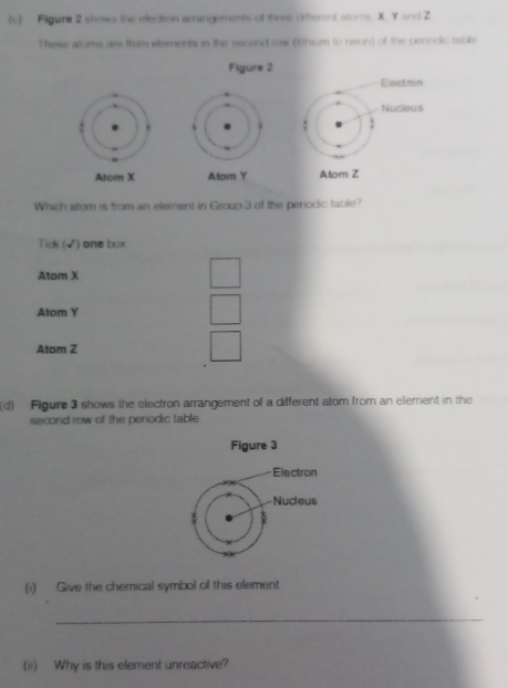 Figure 2 shows the electron arrangements of three difterent atoms. X. Y and Z
These atums are from elements in the second row (fithum to neon) of the penodic tsble
Figure 2
Electron
Nucieus
Atom X Atom Y Atom Z
Which atom is from an element in Group 3 of the perodic table?
Tick (√) one box
Atom X
Atom Y
Atom Z
(d) Figure 3 shows the electron arrangement of a different atom from an element in the
secord row of the periodic table.
Figure 3
Electron
Nudeus
(i) Give the chemical symbol of this element
_
(ii) Why is this element unreactive?