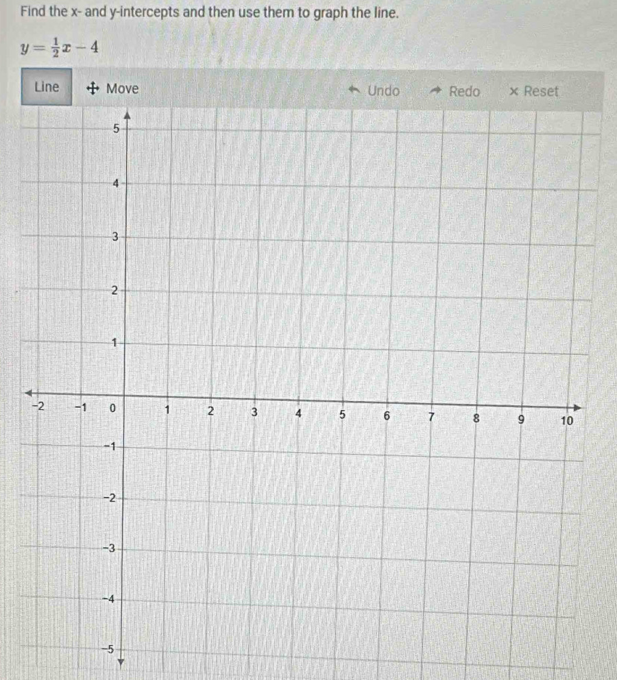 Find the x - and y-intercepts and then use them to graph the line.
y= 1/2 x-4
Line Move Undo
-5