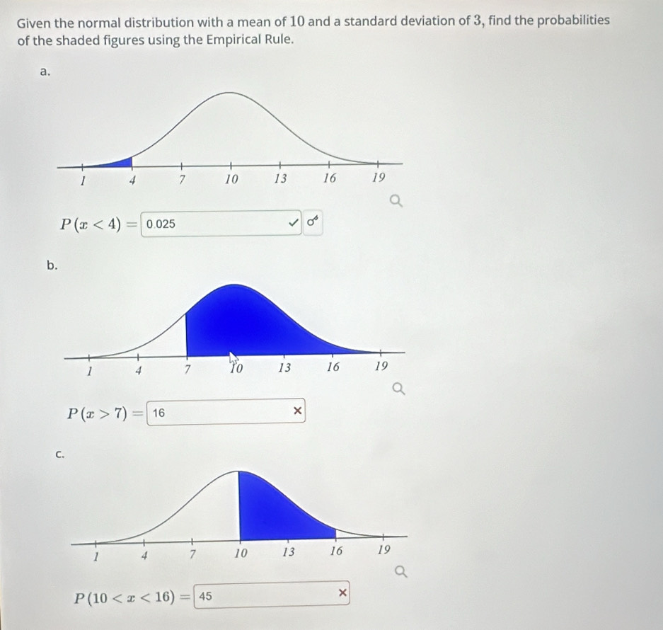 Given the normal distribution with a mean of 10 and a standard deviation of 3, find the probabilities 
of the shaded figures using the Empirical Rule. 
a.
P(x<4)= 0.025
sigma^6
b.
P(x>7)=16
× 
C.
P(10 45
×