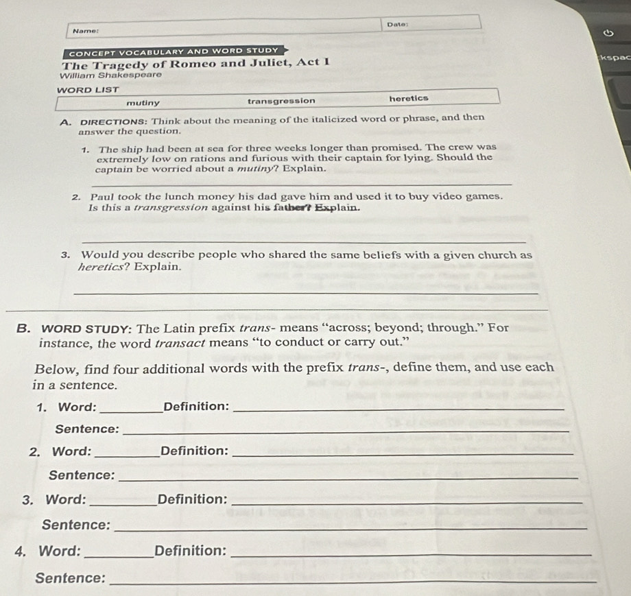 Solved: Date: Name: CONCEPT VOCABULARY AND WORD STUDY The Tragedy of ...