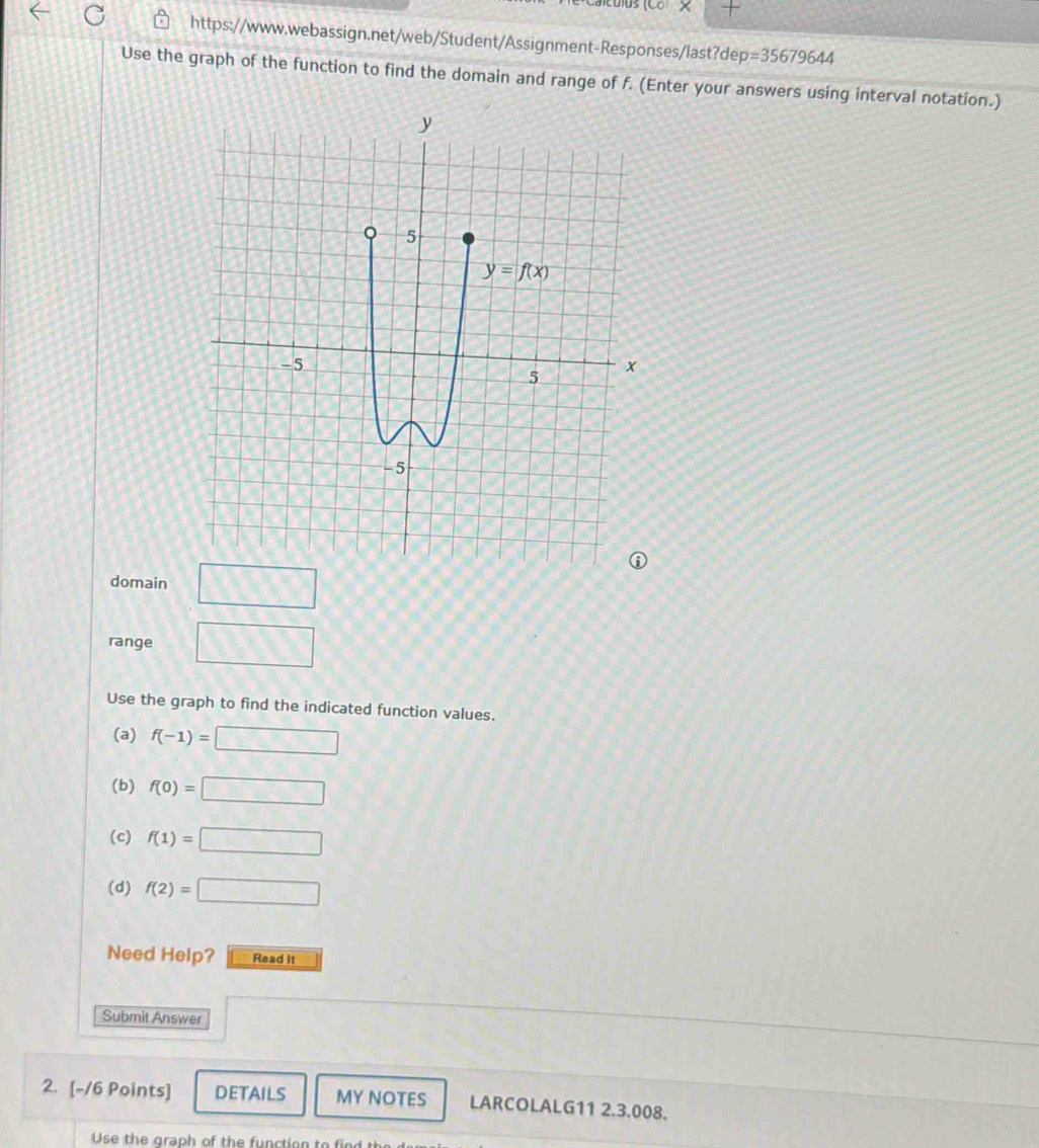 Solved: =35679644 Use the graph of the function to find the domain and ...