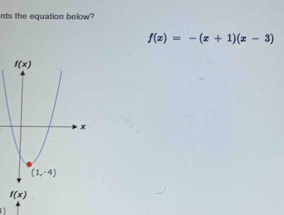 nts the equation below?
f(x)=-(x+1)(x-3)
f(x)