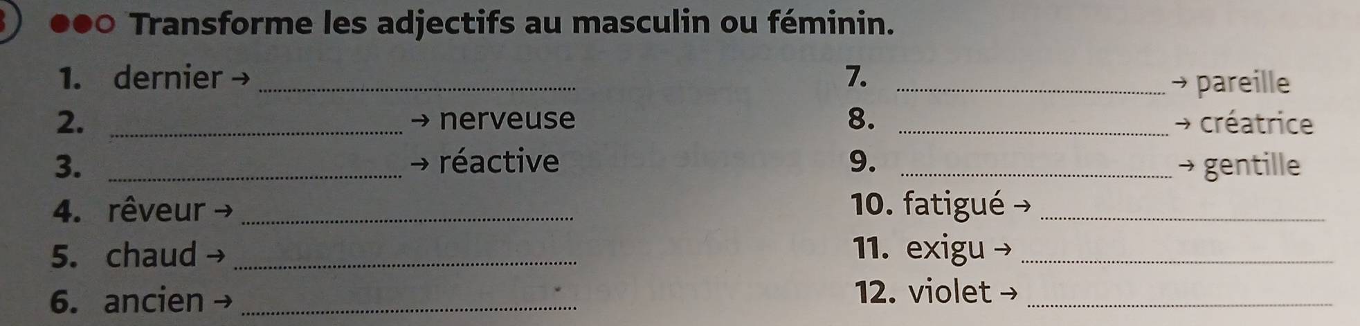 ●●0 Transforme les adjectifs au masculin ou féminin. 
1. dernier → _7. _pareille 
2. _nerveuse 8._ 
+ créatrice 
3. _réactive 9. _→ gentille 
4. rêveur - _10. fatigué_ 
5. chaud _11. exigu →_ 
6. ancien_ 
12. violet →_