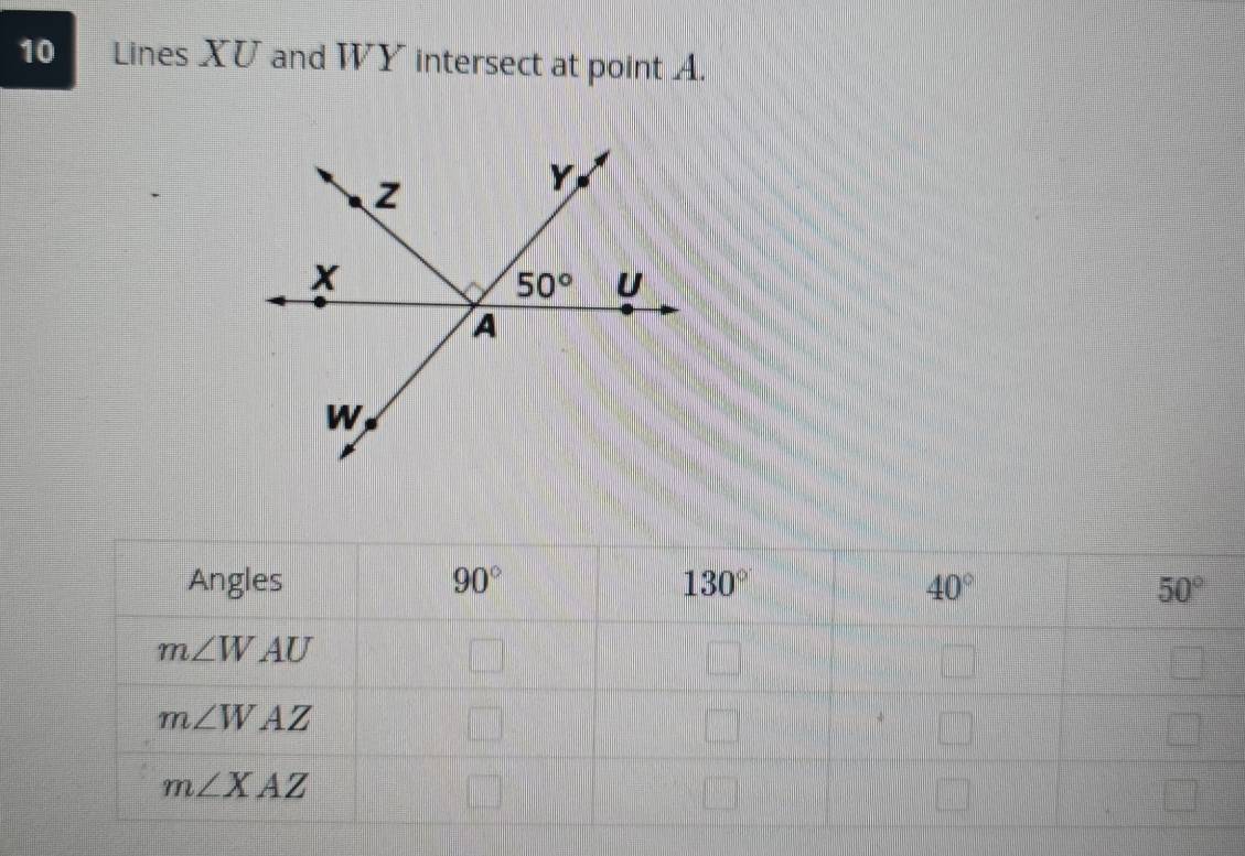 Lines XU and WY intersect at point A.