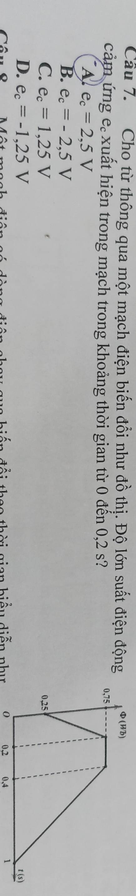 Cho từ thông qua một mạch điện biến đổi như đồ thị. Độ lớn suất điện động
cảm ứng e. xuất hiện trong mạch trong khoảng thời gian từ 0 đến 0,2 s?
A e_c=2,5V
B. e_c=-2,5V
C. e_c=1,25V
D. e_c=-1,25V
hời gian biểu diễn như
