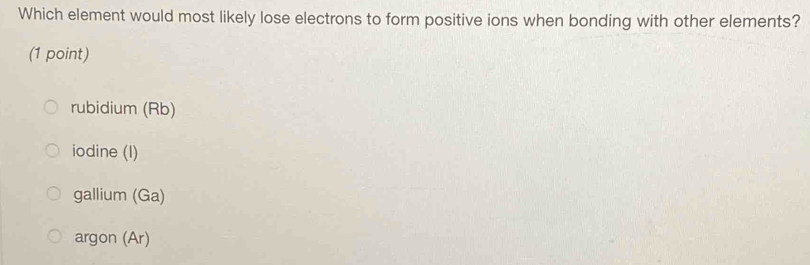 Which element would most likely lose electrons to form positive ions when bonding with other elements?
(1 point)
rubidium (Rb)
iodine (I)
gallium (Ga)
argon (Ar)