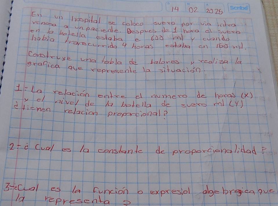 14 02 2025 
En un hoopital se coloco svero por via intua 
venose a unpacticnte. Bespves dey hora al sverb 
en to borella estaba e coǒ ml y cuando 
habia trancurrido 4 horas estaba cn 160 ml. 
conotruve una tabla de balores y realicza la 
grafica ave represente la situacion 
1:La relacion entre d numero de horas (X) 
y el nivel de la botella de svero ml(y ) 
iliehen relacion proportional? 
2t à Cual es 1a constant de proportionalidad f 
3:tCal es la Funcion expresiol algebregica quc 
ld representao