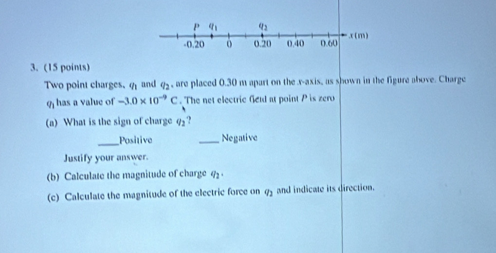 Two point charges. a_1 and q_2 , are placed 0.30 m apart on the x-axis, as shown in the figure above. Charge
q_1 has a value of -3.0* 10^(-9)C. The net electric fed at point P is zero
(a) What is the sign of charge q_2 ?
_Positive _Negative
Justify your answer.
(b) Calculate the magnitude of charge 4 
(c) Calculate the magnitude of the electric force on q_2 and indicate its direction.