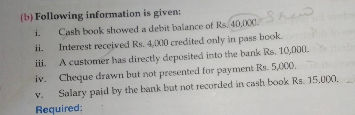 Following information is given: 
i. Cash book showed a debit balance of Rs. 40,000. 
ii. Interest received Rs. 4,000 credited only in pass book. 
iii. A customer has directly deposited into the bank Rs. 10,000. 
iv. Cheque drawn but not presented for payment Rs. 5,000. 
v. Salary paid by the bank but not recorded in cash book Rs. 15,000. 
Required: