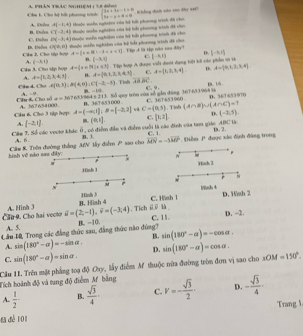 phâN trÁc NghiệM ( 7,0 điểm)
Câu 1. Cho hệ bắt phương trình: beginarrayl 2x+3y-1=0 5x-y+4<0endarray..  Khẳng định não sau đây sai?
A. Điểm A(-1;4) thuộc miền nghiệm của hệ bất phương trình đã cho.
B. Điểm C(-2;4) thuộc miền nghiệm của hệ bắt phương trình đã cho.
C. Điểm D(-3;4) thuộc miền nghiệm của hệ bắt phương trình đã cho.
D. Điểm O(0,0) thuộc miền nghiệm của hệ bắt phương trình đã cho.
Câu 2. Cho tập hợp A= x∈ R|-3 . Tập A là tập nào sau đây?
C. [-3,1)
D. [-3,1]
A. (-3;1)
B.  -3,1
Câu 3, Cho tập hợp A= x∈ N|x≤ 5. Tập hợp A được viết dưới dạng liệt kê các phần tứ là
A. A= 1;2;3;4;5 . B. A= 0;1;2;3;4;5 . C. A= 1;2;3;4 . D. A= 0;1;2;3;4 .
Câu 4, Cho A(0;3);B(4;0) ;C(-2;-5) 、 Tính vector AB.vector BC.
A. -9. B. -10 . C. 9 . D. 16 .
Câu 5. Cho số a=367653964± 213. Số quy tròn của số gần đúng 367 653964 là
A. 367654000 . B. 367 653000 . C. 367 653960 . D. 367 653970
Câu 6. Cho 3 tập hợp: A=(-∈fty ;1];B=[-2;2] và C=(0;5) , Tính (A∩ B)∪ (A∩ C)= ?
D. (-2;5).
A. [-2;1].
B. (0;1].
C. [1:2].
Câu 7. Số các vectơ khác vector o , có điểm đầu và điểm cuối là các đinh của tam giác ABC là:
D. 2.
A.6. B. 3. C.1.
Câu 8. Trên đường thẳng MN lấy điểm P sao cho vector MN=-3vector MP. Diểm P được xác định đúng trong
hình vẽ nào sau đây:
N M
p
P N
s Hinh 2
Hình 1
s
p N
M
N Hình 4
Hình 3
A. Hình 3 B. Hình 4 C. Hình 1 D. Hình 2
Câu 9. Cho hai vectơ vector u=(2;-1),vector v=(-3;4). Tích #.v là
C. 11.
A. 5. B. -10. D. -2.
Cầu 10. Trong các đẳng thức sau, đẳng thức nào đúng?
B. sin (180°-alpha )=-cos alpha .
A. sin (180°-alpha )=-sin alpha . sin (180°-alpha )=cos alpha .
D.
C. sin (180°-alpha )=sin alpha .
Câu 11. Trên mặt phẳng toạ độ Oxy, lấy điểm M thuộc nửa đường tròn đơn vị sao cho xOM=150°.
Tích hoành độ và tung độ điểm Mô bằng
A.  1/2 ·
B.  sqrt(3)/4 ·
C. V=- sqrt(3)/2 ·
D. - sqrt(3)/4 ·
Trang 1
Mã đề 101