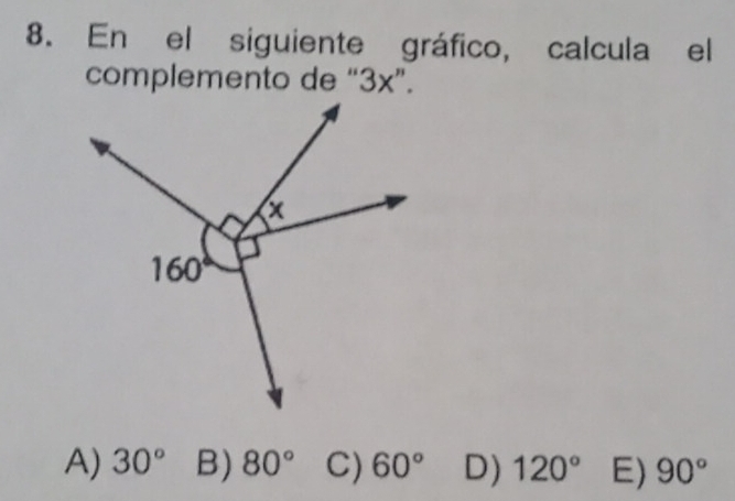 En el siguiente gráfico, calcula el
complemento de “3x”.
A) 30° B) 80° C) 60° D) 120° E) 90°