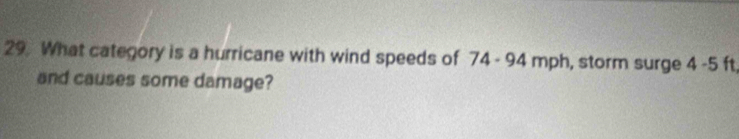 What category is a hurricane with wind speeds of 74 - 94 mph, storm surge 4 -5 ft, 
and causes some damage?