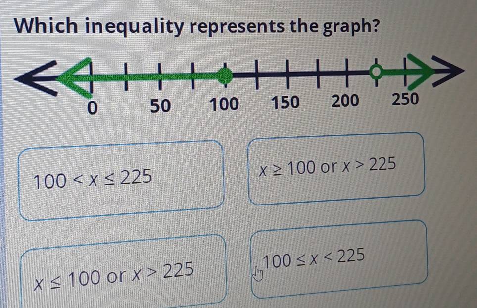 Which inequality represents the graph?
100
x≥ 100 or x>225
x≤ 100 or x>225 100≤ x<225</tex>