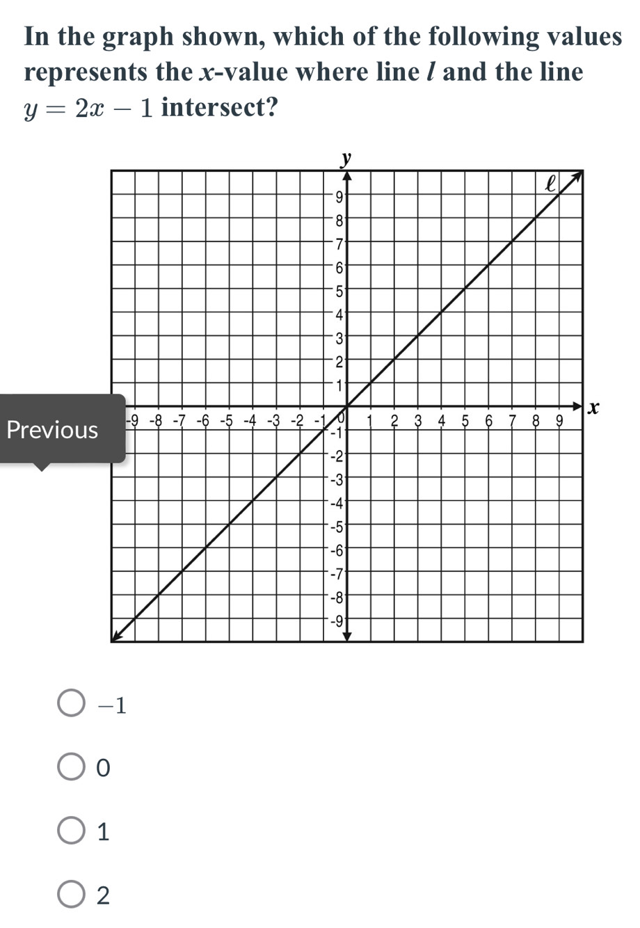 In the graph shown, which of the following values
represents the x -value where line / and the line
y=2x-1 intersect?
Previou
-1
0
1
2