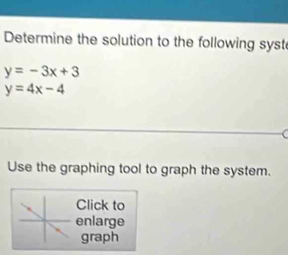 Determine the solution to the following syst
y=-3x+3
y=4x-4
Use the graphing tool to graph the system.
Click to
enlarge
graph