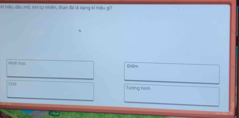 Kí hiệu dầu mỏ, khí tự nhiên, than đá là dạng kí hiệu gì? 
Hình học Điểm 
Chữ Tượng hình