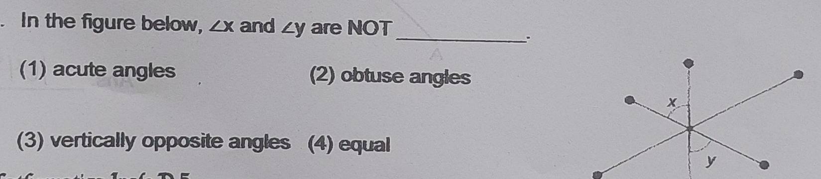 In the figure below, ∠ X and ∠ y are NOT_
.
(1) acute angles (2) obtuse angles
(3) vertically opposite angles (4) equal