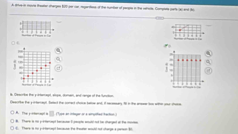 A drive-in movie theater charges $20 per car, regardless of the number of people in the vehicle. Complete parts (a) and (b).
B
D
0 2 4 6
Flmbver of Passsna I Car 0 t 2 3
a Nre a Ca
C.
D
200
28
100
20
129
i 72
40
a
0
0 2 3 4 6
i 4 , 4
f Persãe in Car of lngie 
b. Describe the y-intercept, slope, domain, and range of the function.
Describe the y-intercept. Select the comect choice below and, if necessary, fit in the amswer bue within your cheke
A. The y-intercept is □ (Type an integer or a simplified baction )
B. There is no y-intercept beceuse 0 people would not be canged all the moviee.
C. There is no y-intercept because the theater would not charge a persm $8