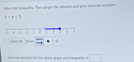 Solve the inequality. Then graph the solution and give interval notation.
1
Clear All Draw: 。 
Interval notation for the above graph and inequality is □