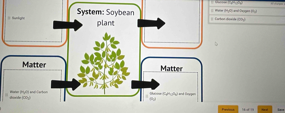 = Glucose (C_6H_12O_6) All changes 1
and Oxygen (O₂)
= Carbon dioxide (CO_2)
Previous 16 of 19 Next Save
