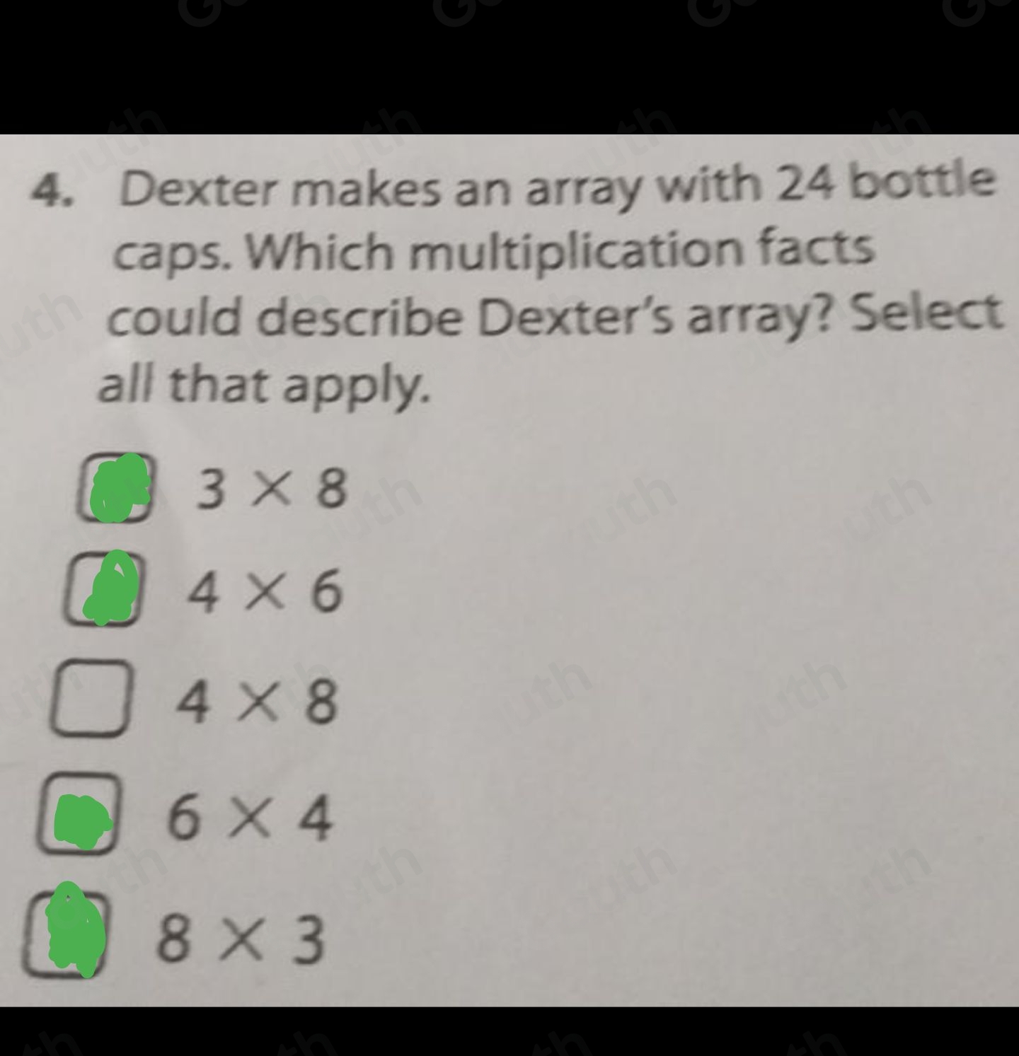 Solved: Dexter makes an array with 24 bottle caps. Which multiplication ...