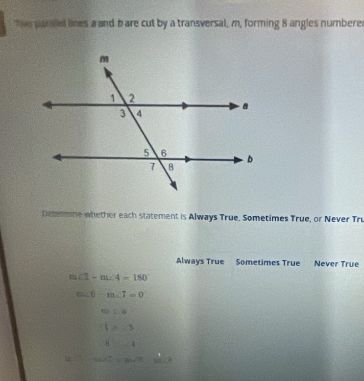 the parllel lines a and bare cut by a transversal, m, forming 8 angles numbered 
Determine whether each statement is Always True, Sometimes True, or Never Tru 
Always True Sometimes True Never True
m∠ 2-m∠ 4=180°
m∠ 6= m∠ 7=0
m∠ C
f≌ ∠ S
8=4
sqrt(8)sqrt(8)  1/10 