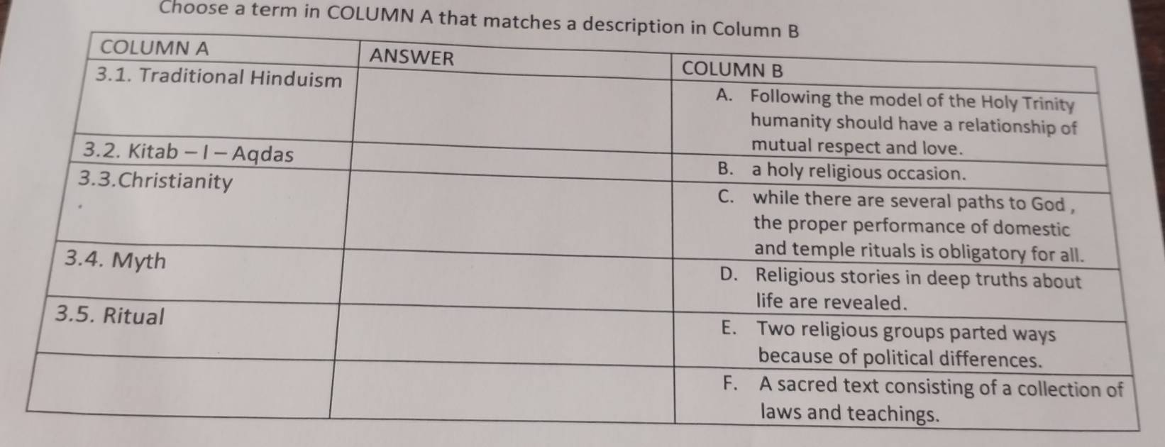 Choose a term in COLUMN A that match