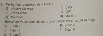 Perhatikan bentukan alam berikut.
1) Mushroom rock 4) Delta
2 Flood plain 5) Cliff
3) Meander 6) Stalaktit
Bentukan muka bumi akibat proses pengikisan ditunjukkan angka . . .
A. 1 dan 2 D. 3 dan 5
B. 1 dan 5 E. 5 dan 6
C. 2 dan 3